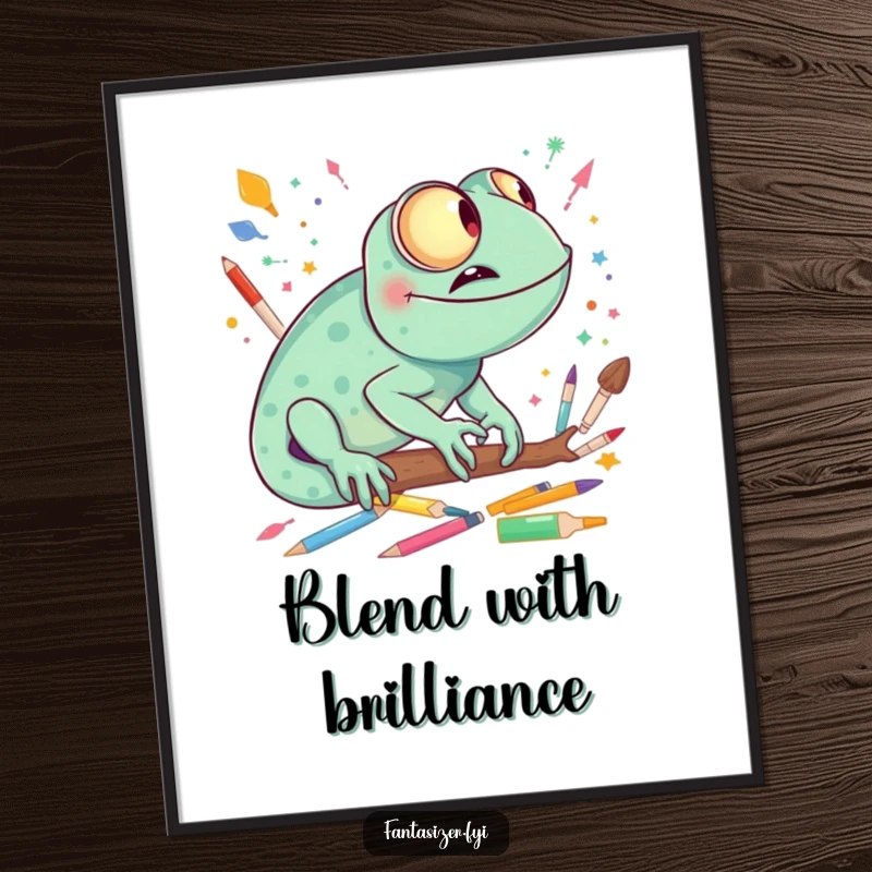 Funny giggling chameleon imagining a vibrant world made of colorful art supplies, an artistic art print.