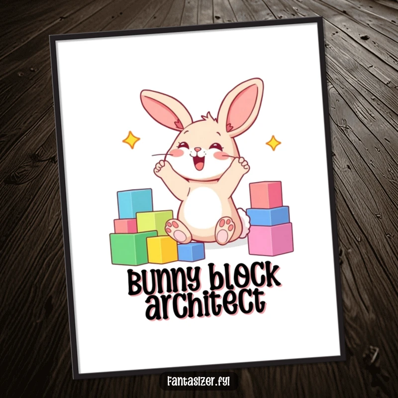 Funny digital art of a happy bunny with paws in the air, imagining a world made of colorful blocks.