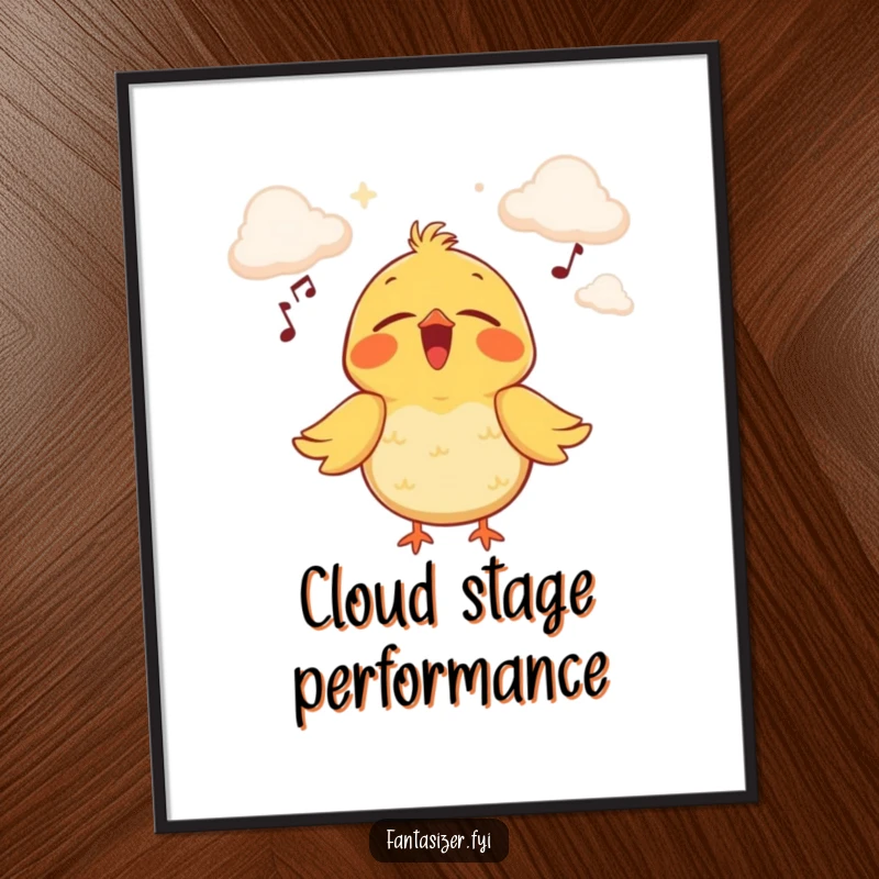 Funny digital art print of a joyful bird singing on a cloud stage, offering instant melodic charm and delightful wall decor.