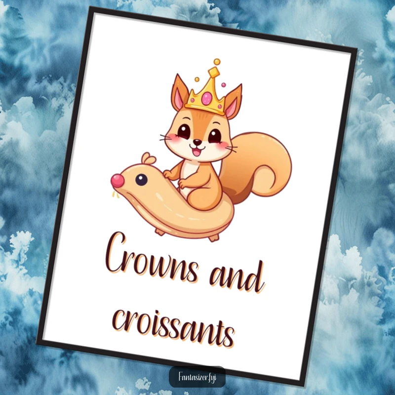 Funny squirrel digital art print with a whimsical crown riding a majestic, flying pastry, downloadable whimsical art.