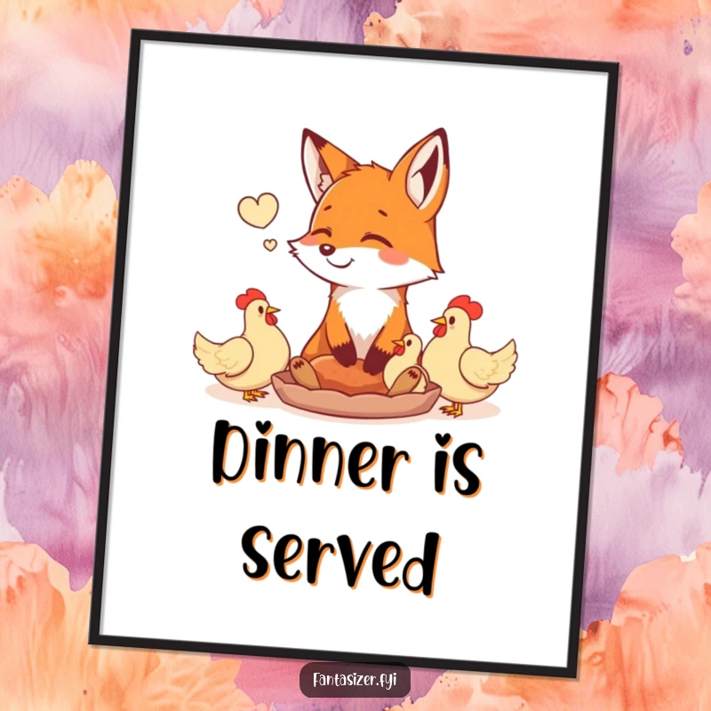 Funny happy fox daydreaming of a feast of plump chickens, a digital art print. Captures food desires and playful imagination with charming humor.