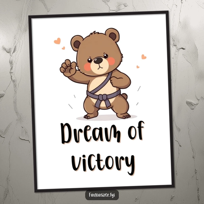 Funny digital art print of a determined bear cub in a dream, practicing martial arts with energetic flair.