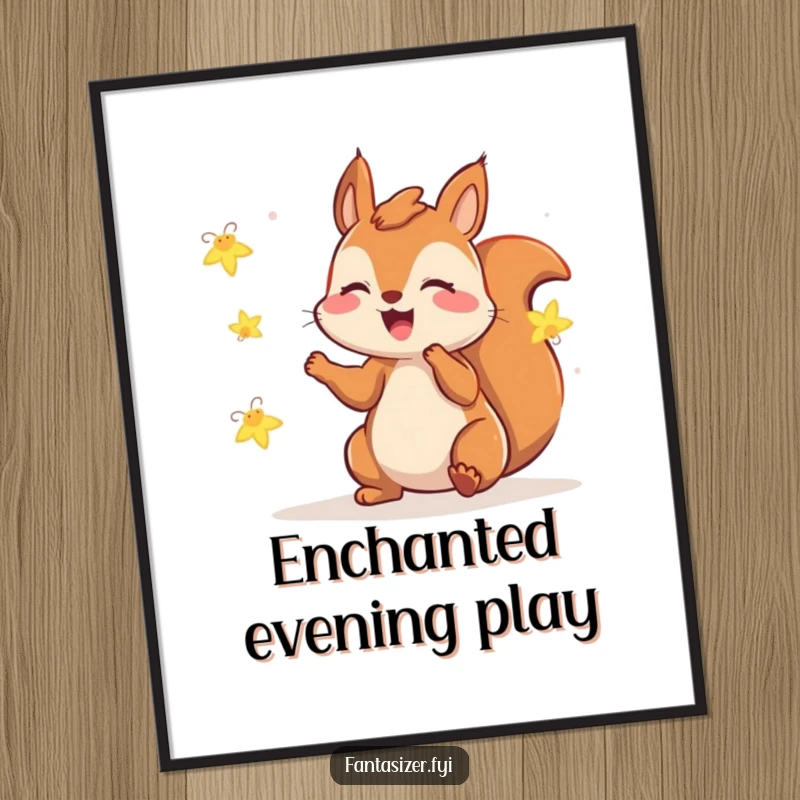 Funny squirrel digital art print showing a gleeful squirrel playing with fireflies, whimsical and humorous night artwork.