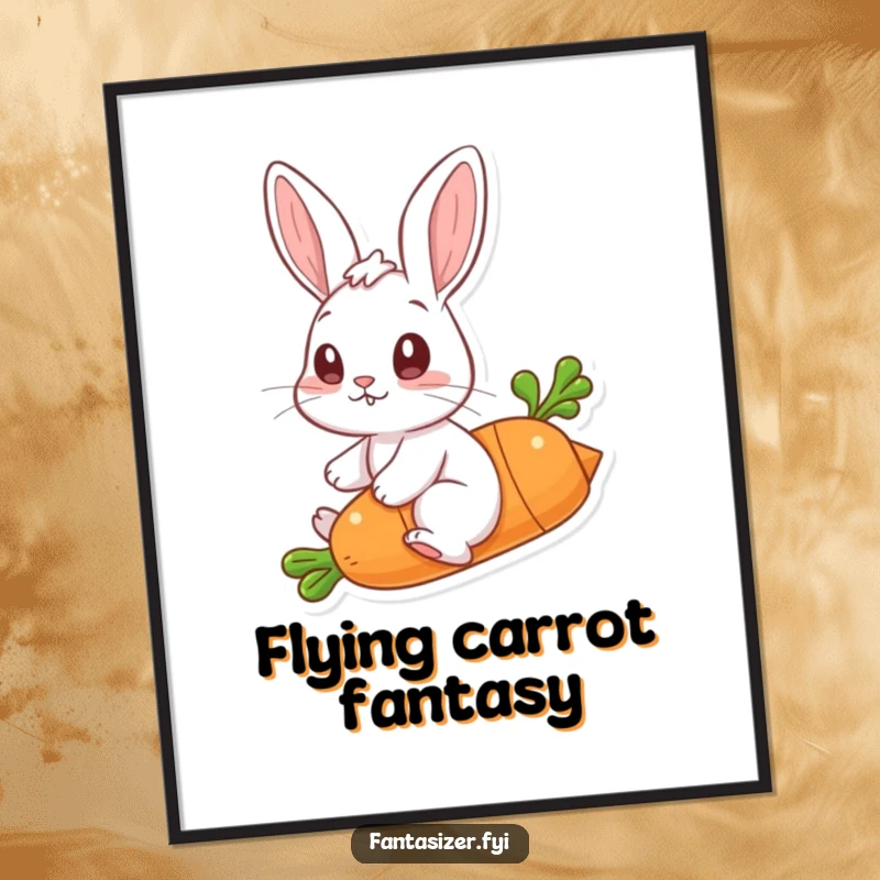 Funny digital art print of a rabbit riding a flying carrot, offering instant playful charm and delightful wall decor.