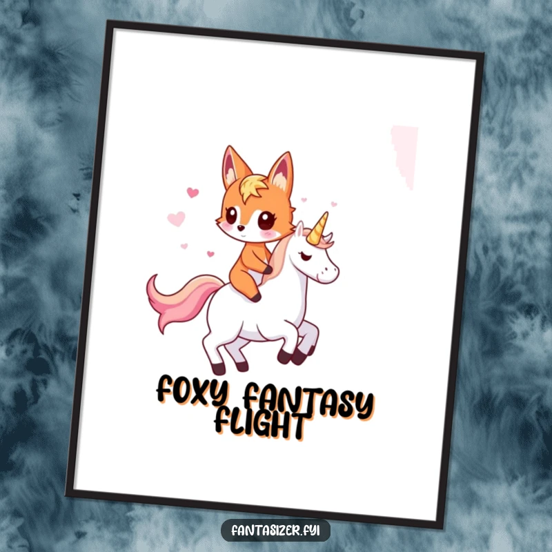 Funny fox digital art print showing an imaginative fox riding a unicorn, whimsical and humorous fantasy artwork.