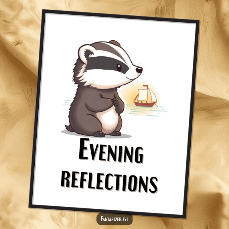 Funny digital art print of a thoughtful badger with a faraway look, watching a boat sail into a serene sunset.