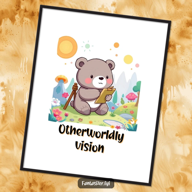 Funny Bear Digital Art Print: A whimsical bear character paints a vibrant, otherworldly landscape, filling walls with imagination.