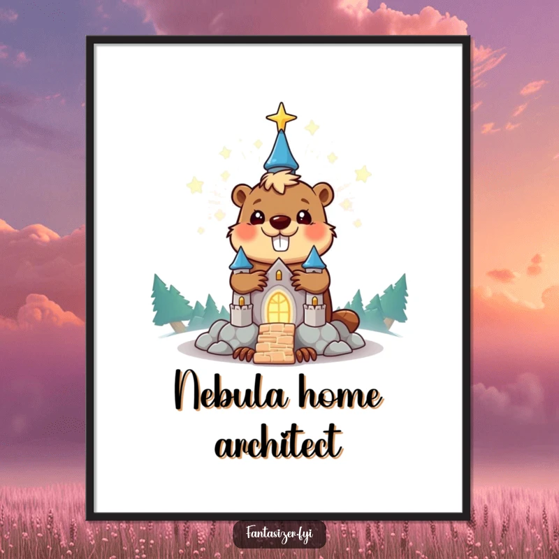Funny beaver digital art print of a happy character building a glowing stardust castle, great for instant humorous decoration.