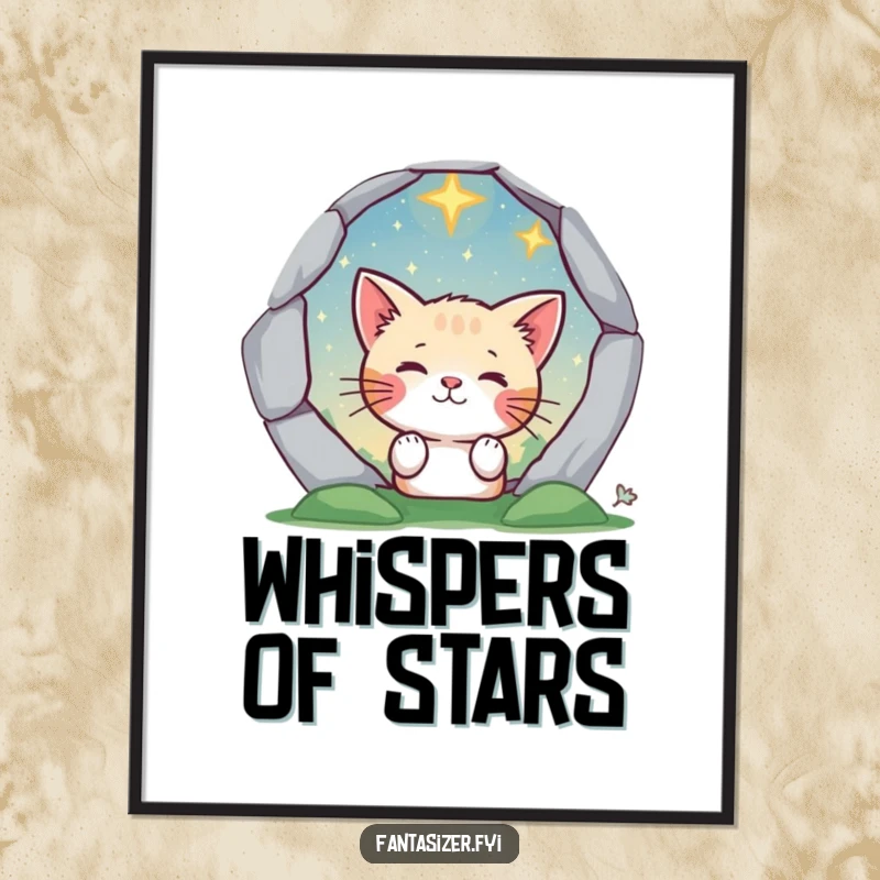 Funny cat character peering through a magical portal to a starry landscape, as a humorous and captivating digital art print.