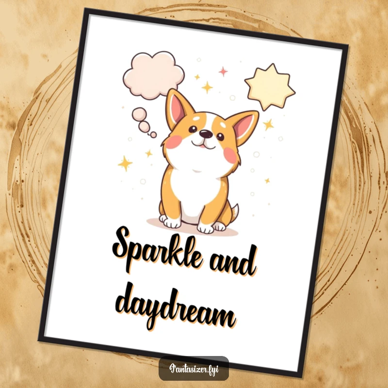 Funny cute corgi dog fantasizing with large, sparkly thought bubbles full of dreams, instant art download.