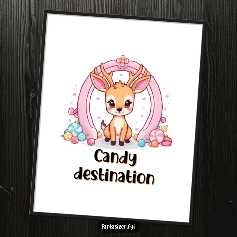 Funny digital art print of a deer gazing at a vibrant portal filled with delicious candy, evoking sweet wishes.