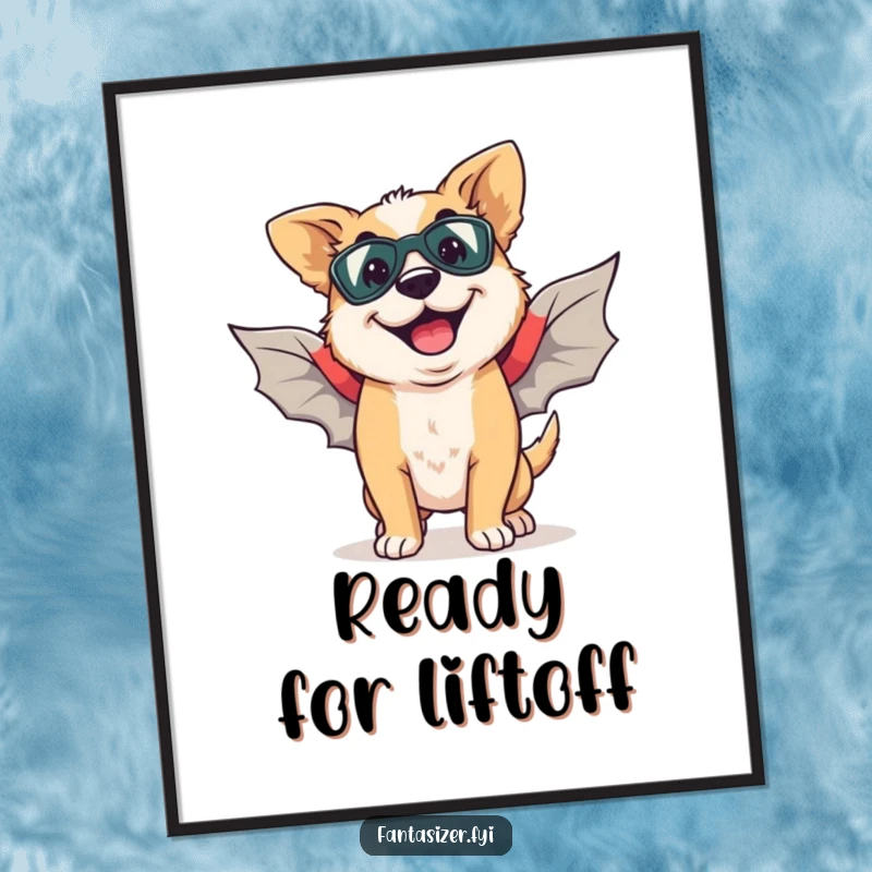 Funny digital art print of a happy dog with a goofy grin, imagining flying with superhero wings.