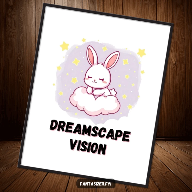 Funny digital art print of a dreaming rabbit floating on a cloud filled with stars, evoking peace, imagination, and gentle humor.