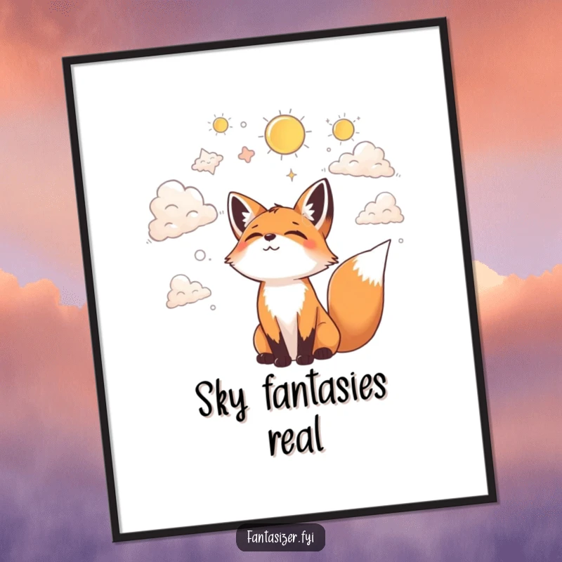 Funny digital art print of a joyful fox gazing at clouds, imagining fantastical shapes, perfect for instant decor.