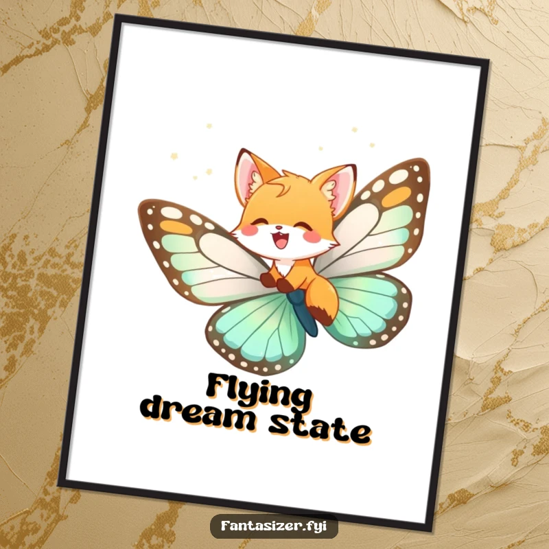 Funny fox cub digital art print, a cub flying on a butterfly, ideal for printable, whimsical wall decor.