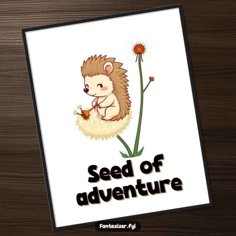Funny digital art print of a whimsical hedgehog riding a giant dandelion seed, ready to bring enchantment to any wall.