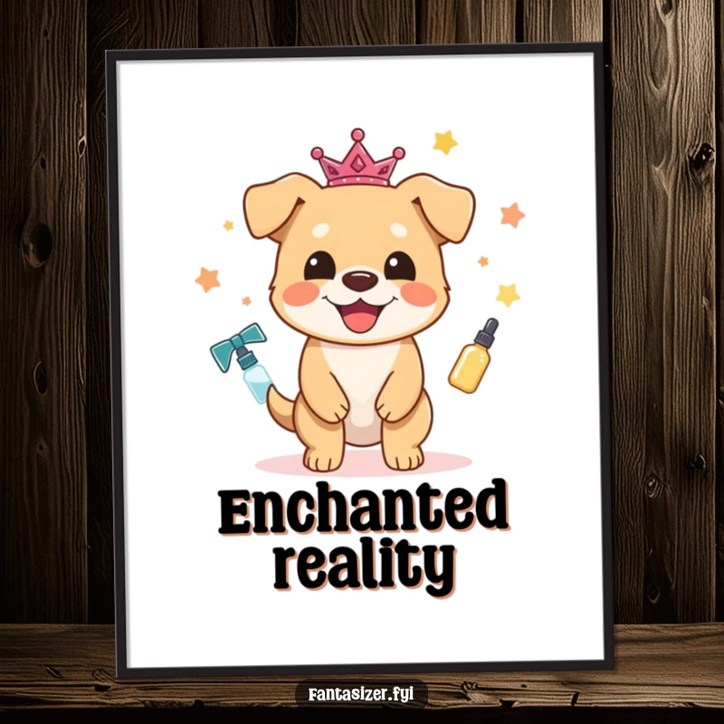 Funny Dog Digital Art Print: A happy dog character magically transforms ordinary items into sparkling, fantastical creations, spreading cheer.