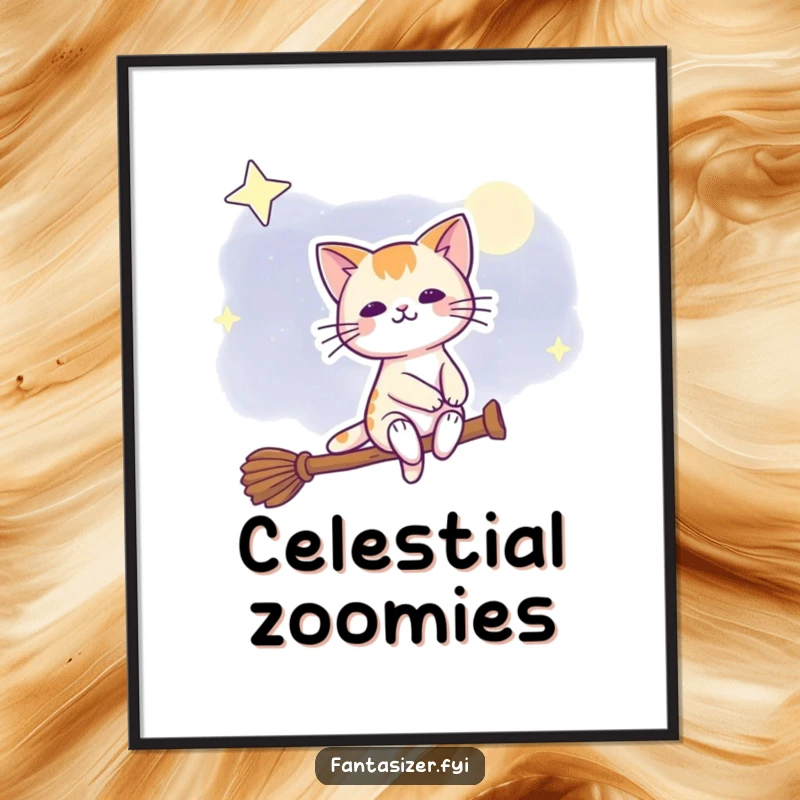 Funny digital art print of a joyful cat riding a broomstick through a starry night sky, full of magic.