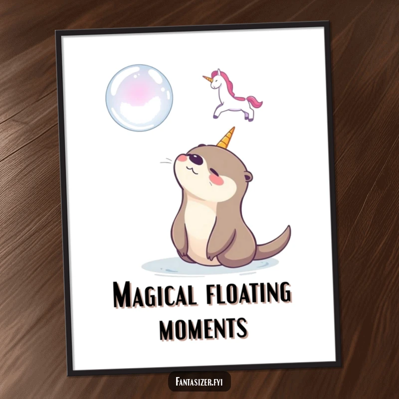 Funny digital art print of a happy otter mesmerized by a soap bubble unicorn, offering instant whimsical charm and delightful wall decor.