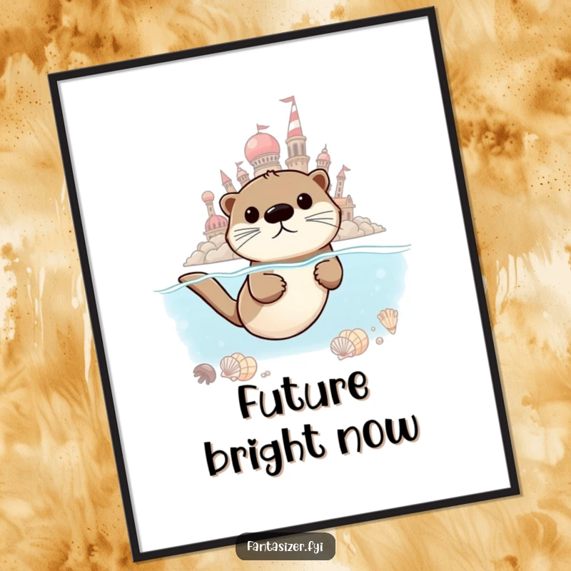 Funny Otter Dreamer Digital Art Print showing an otter swimming towards a shimmering seashell city, offering instant ambitious humor.