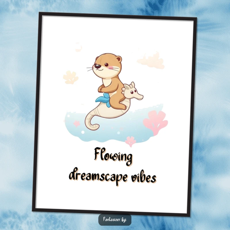Funny digital art of an otter riding a seahorse in a dreamlike ocean, a magical and whimsical printable.