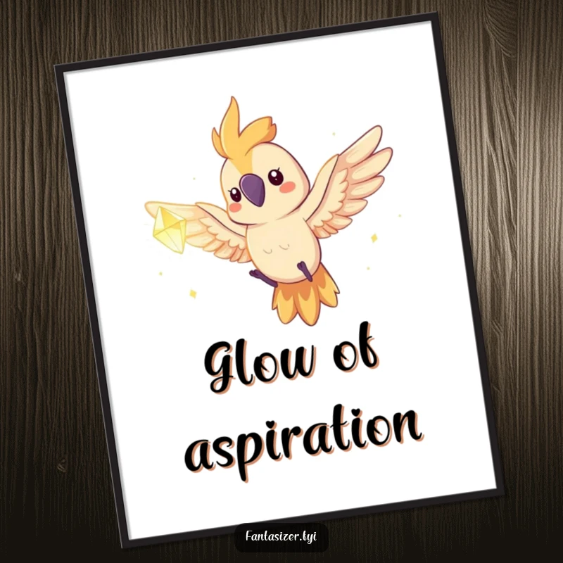 Funny spirited parrot flying towards a glowing dream crystal, presented as a vibrant and inspirational digital art print.