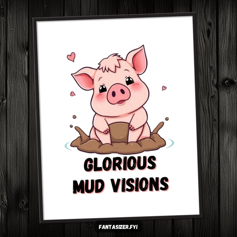 Funny digital art print of a proud pig fantasizing about a mud bath, perfect for adding cheerful farm humor.