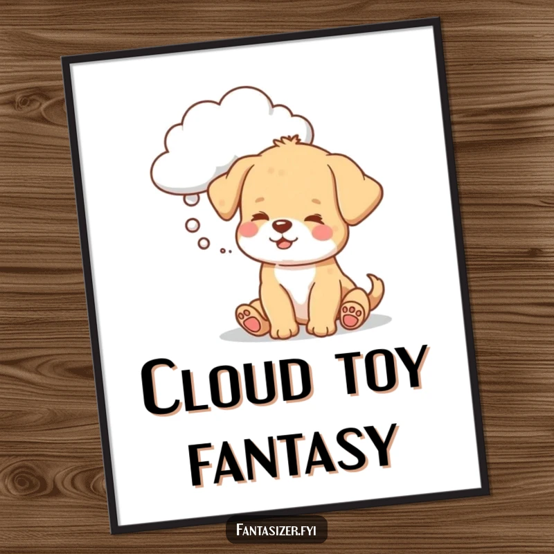 Funny puppy digital art print, a dog dreaming of a toy cloud, ideal for printable, whimsical wall decor.