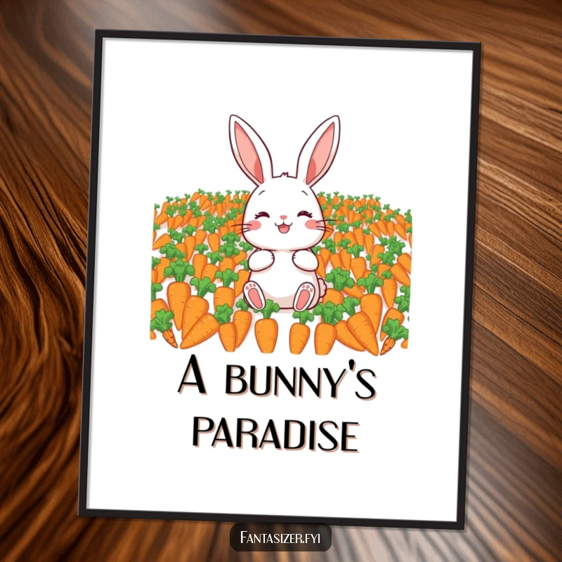 Funny digital art print of a rabbit envisioning a field of infinite carrots, bringing cheerful humor and whimsical charm to any display.
