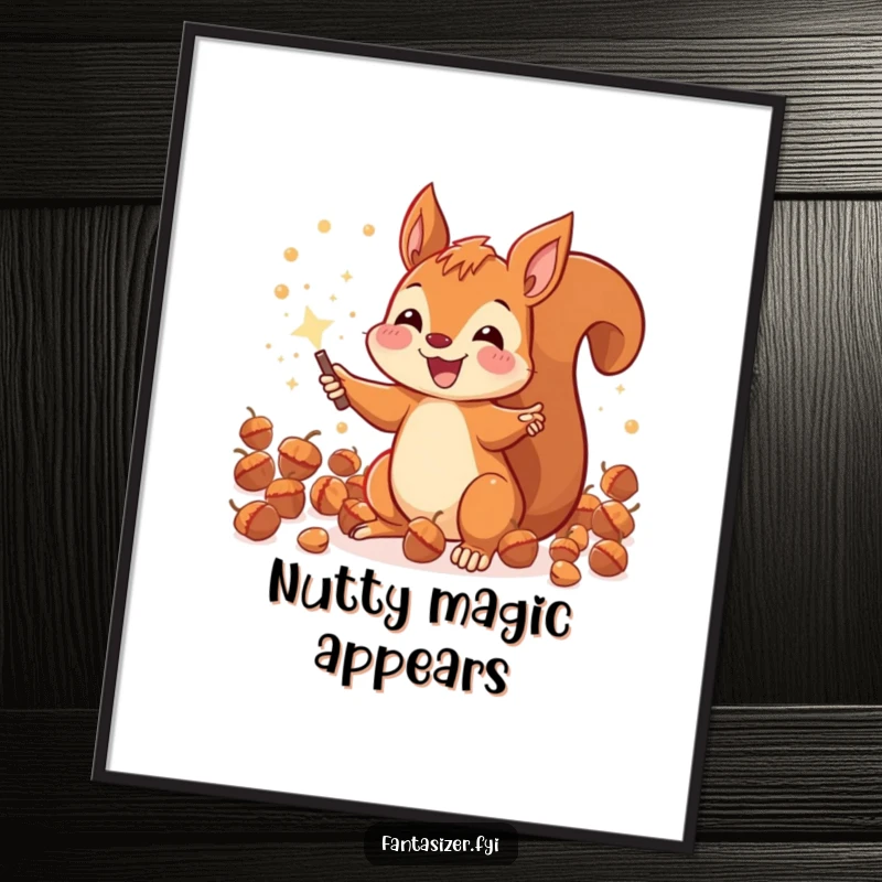 Funny joyous squirrel conjuring a shower of sparkling acorns with a magic wand, a magical art print.