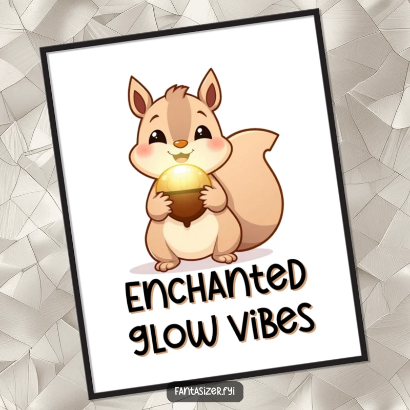 Funny Squirrel Magic Digital Art Print showing a squirrel holding a glowing magical acorn, offering instant whimsical humor.