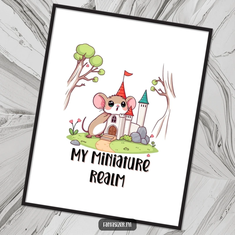 Funny digital art of a surprised mouse discovering a miniature castle, for charming and whimsical decor.