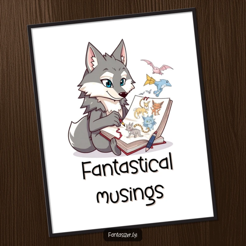 Funny wolf character thoughtfully sketching fantastical creatures, presented as a vibrant and creative digital art print.