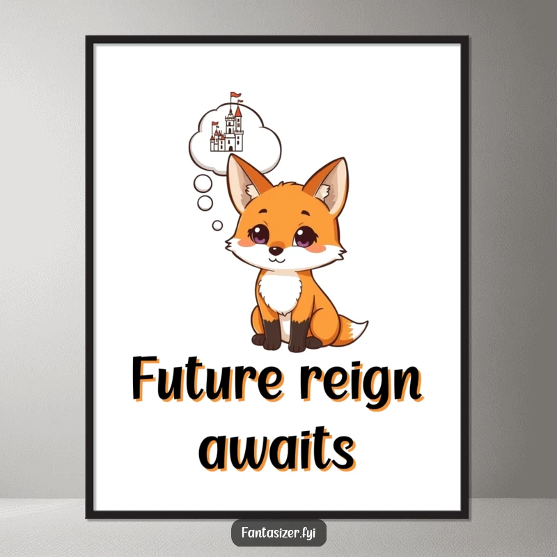 Funny digital art print of a curious fox with a thought cloud showing a castle, offering instant whimsical inspiration.