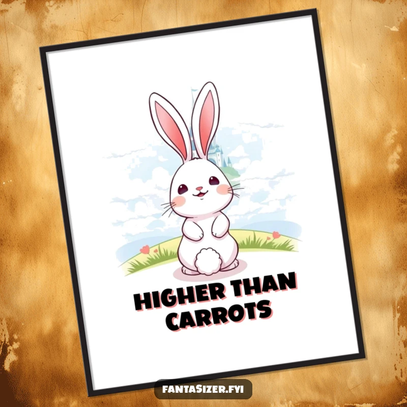 Funny happy bunny gazing at a distant, shimmering castle in the clouds, an enchanting art print.