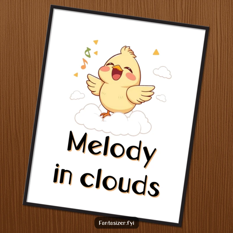 Funny digital art print of a joyful bird singing with closed eyes on a cloud stage, offering instant musical humor.