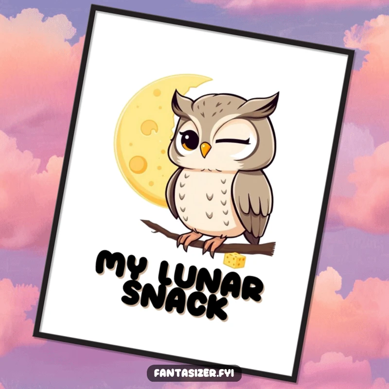 Funny digital art of a winking owl observing a moon made of cheese, for whimsical and humorous decor.