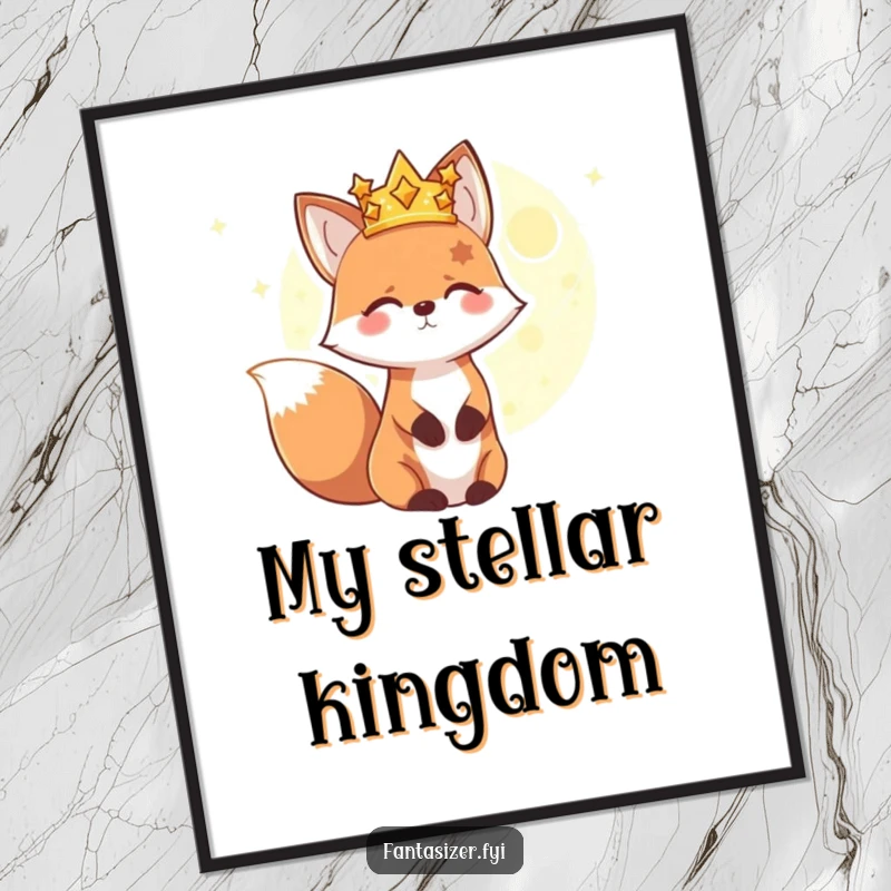 Funny digital art print of a happy fox character wearing a star crown, gazing at a distant glowing planet, a dreamy and humorous celestial illustration.