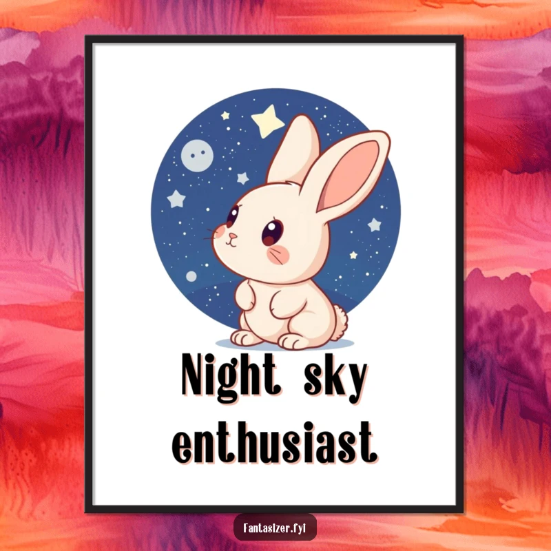 Funny Rabbit Digital Art Print: A curious rabbit gazes at a vast, star-filled night sky, offering instant wall decor with a sense of wonder.