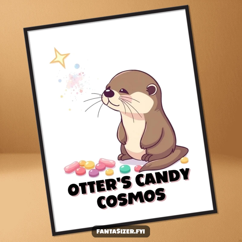 Funny digital art of a curious otter gazing at a sparkling galaxy made of tiny, glowing candies.