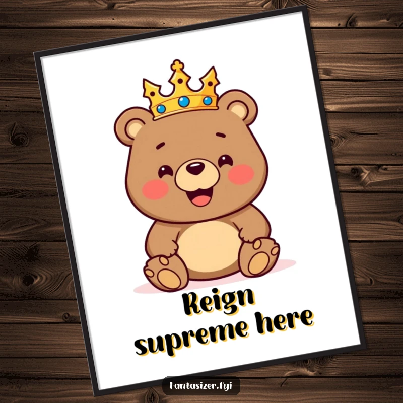 Funny digital art print of a happy, crowned bear ruling a toy kingdom, perfect for adding a humorous and regal touch.