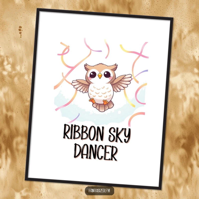 Funny Owl Ribbon Digital Art: A cheerful owl soars through vibrant ethereal ribbons, printable funny gift.