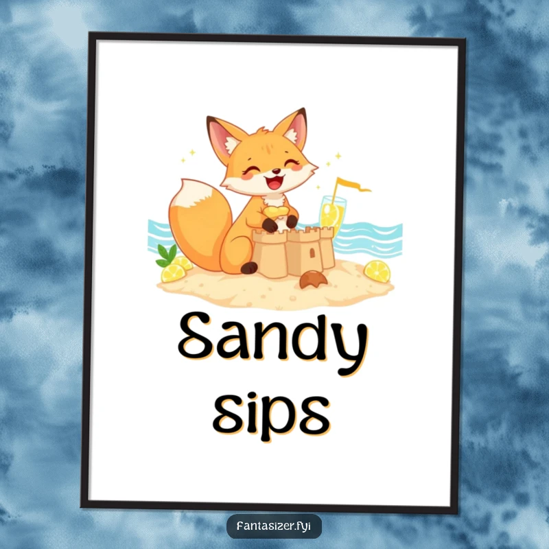 Funny giggling fox constructing a sandcastle next to a sea of sparkling lemonade, digital art, funny gift.