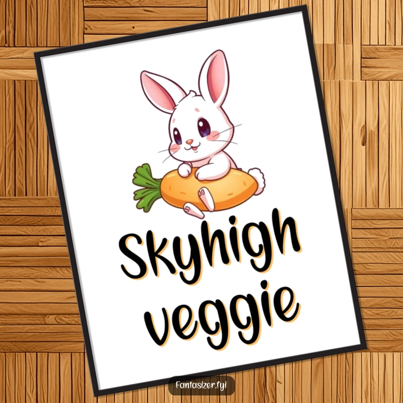 Funny digital art print of a wide-eyed rabbit on a flying carrot, offering instant whimsical humor for digital display or printing.