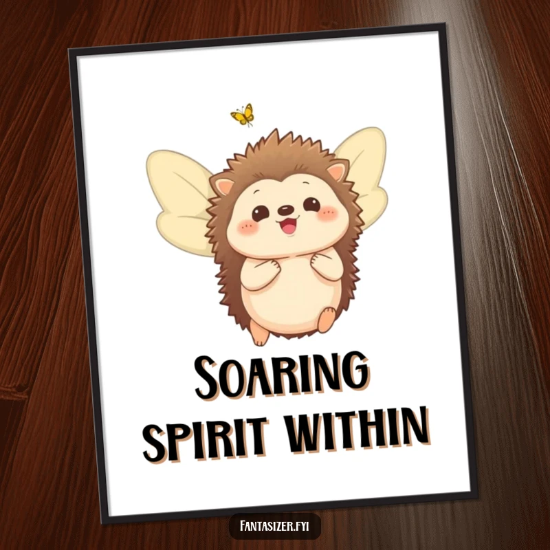 Funny digital art print of a delighted hedgehog with butterfly wings, imagining a magical flight.