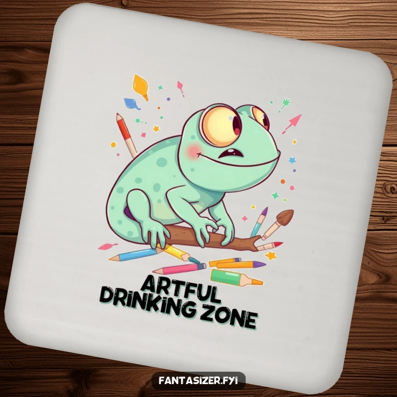 Funny giggling chameleon imagining a world made of colorful art supplies, a protective and artistic drink coaster.