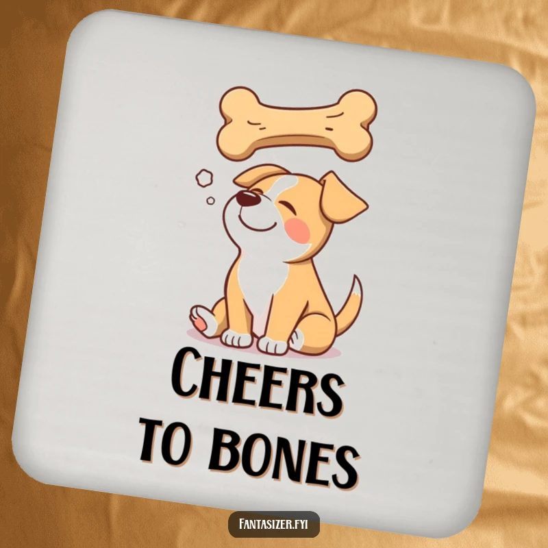 Funny drink coasters featuring a happy dog dreaming of a giant bone, bringing canine whimsy to any surface.