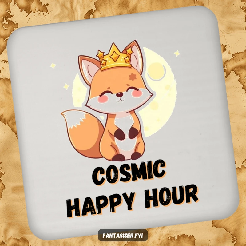 Funny drink coasters featuring a happy fox character wearing a star crown, gazing at a distant glowing planet, protecting surfaces with cosmic charm.