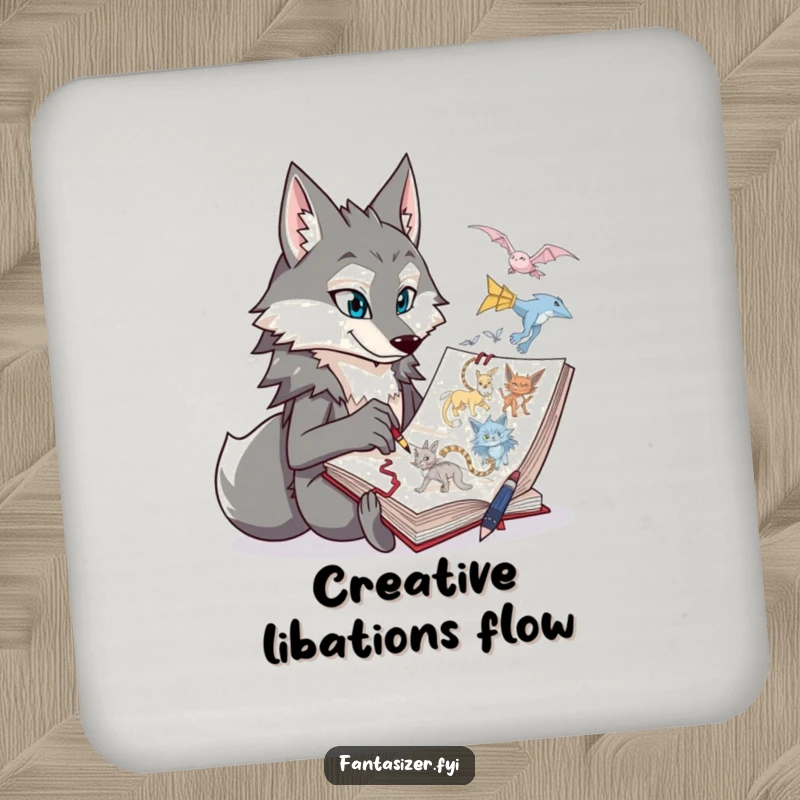Funny wolf character sketching fantastical creatures on a drink coaster, a humorous and creative home accessory.