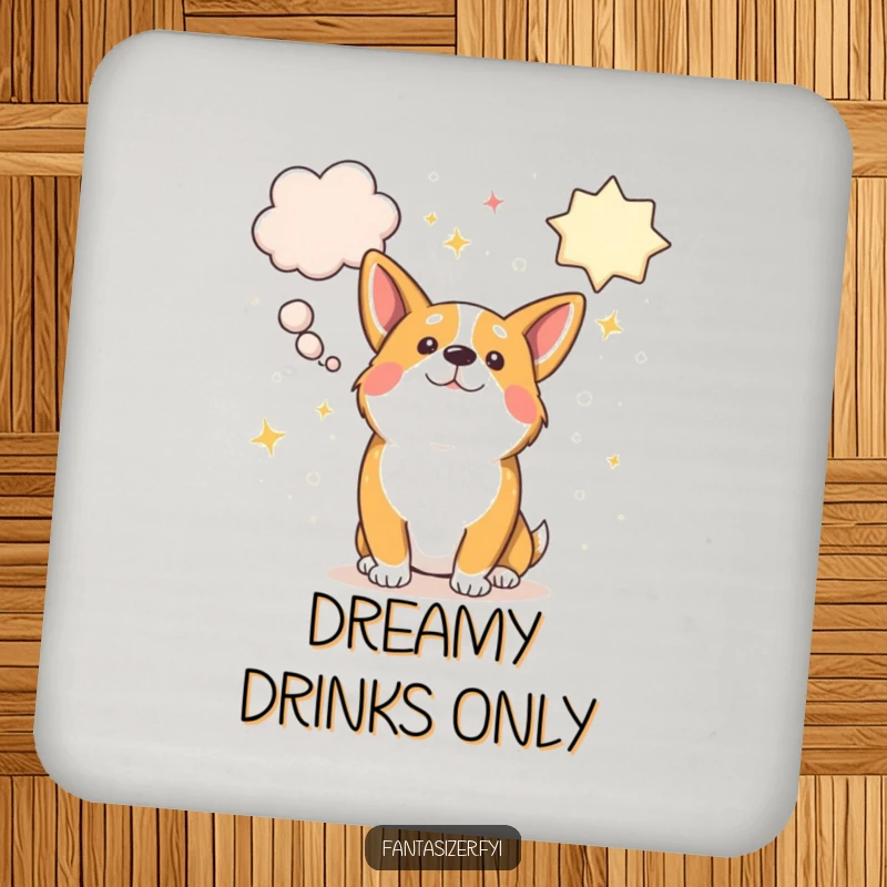 Funny corgi fantasizing with oversized, sparkly dream bubbles, a protective and humorous drink coaster.